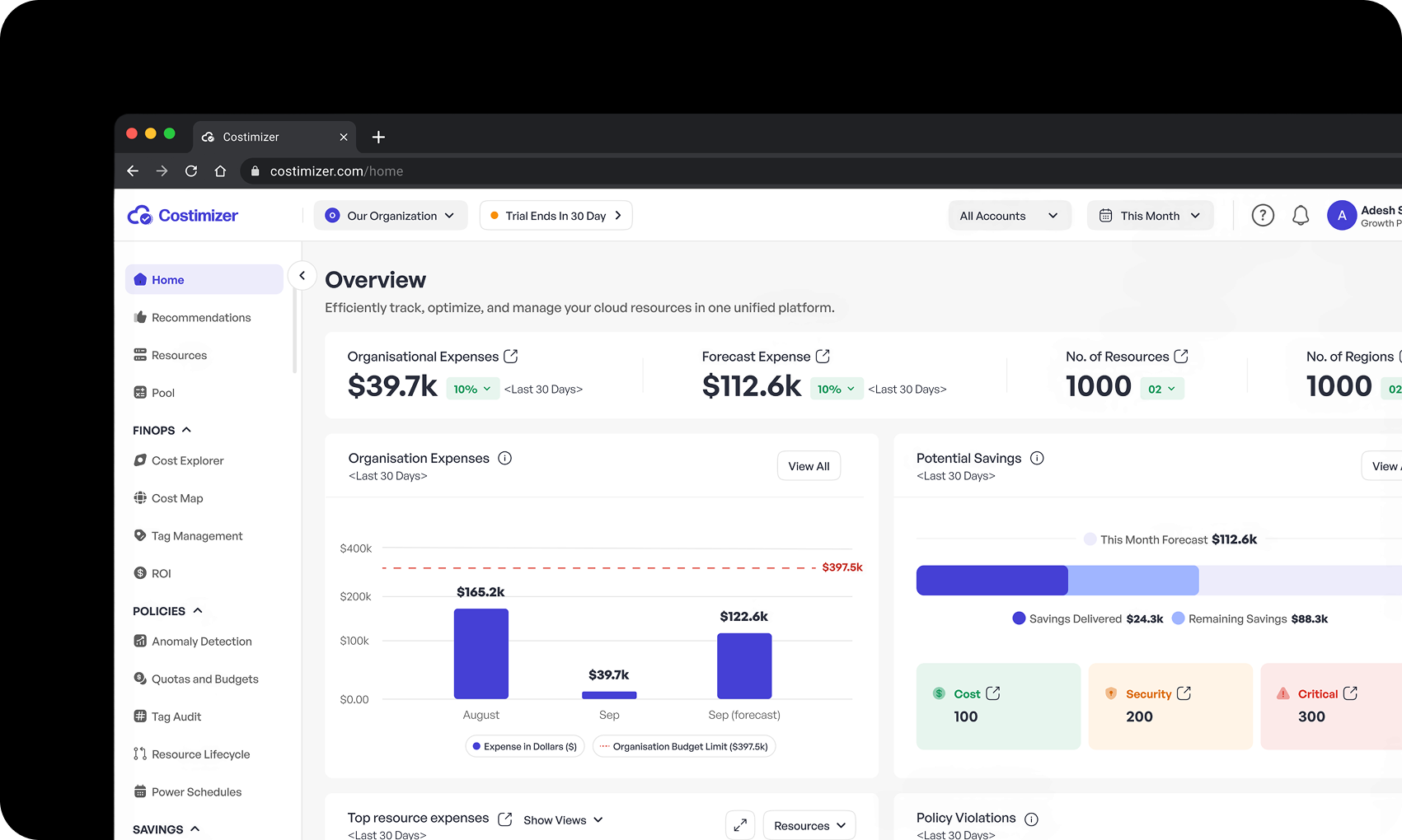 Costimizer Solution Dashboard